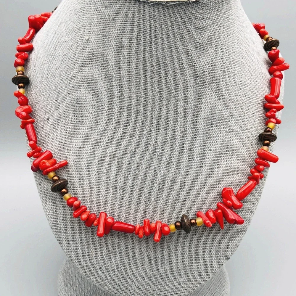 Vintage Red Coral Necklace Glass Metal Bead Accents 20‎ Inch Strand Coastal Boho
